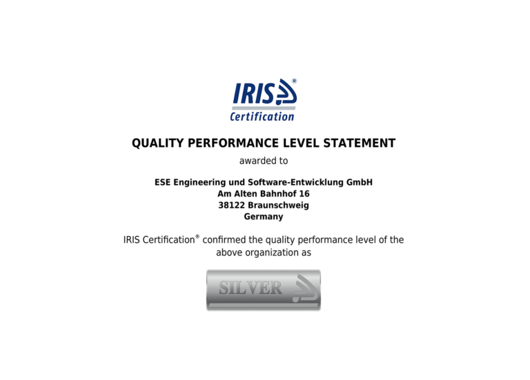 ESE GmbH | Anerkennungen - IRIS-Zertifizierung der ESE GmbH