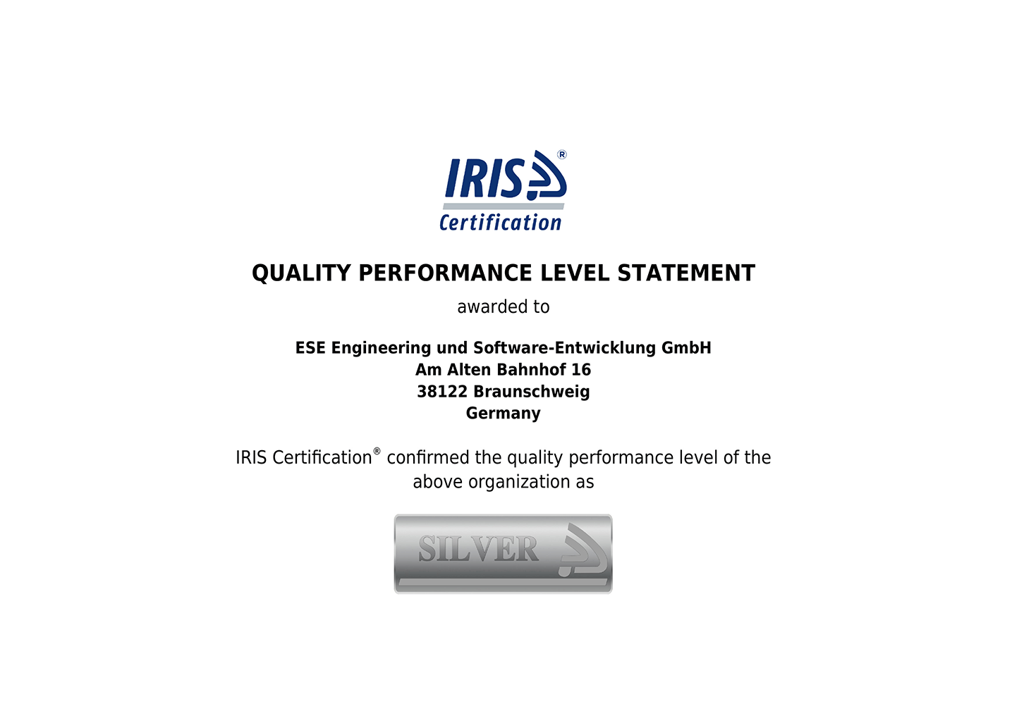 Mehr über den Artikel erfahren UNIFE bescheinigt ESE GmbH das Silver Quality Performance Level